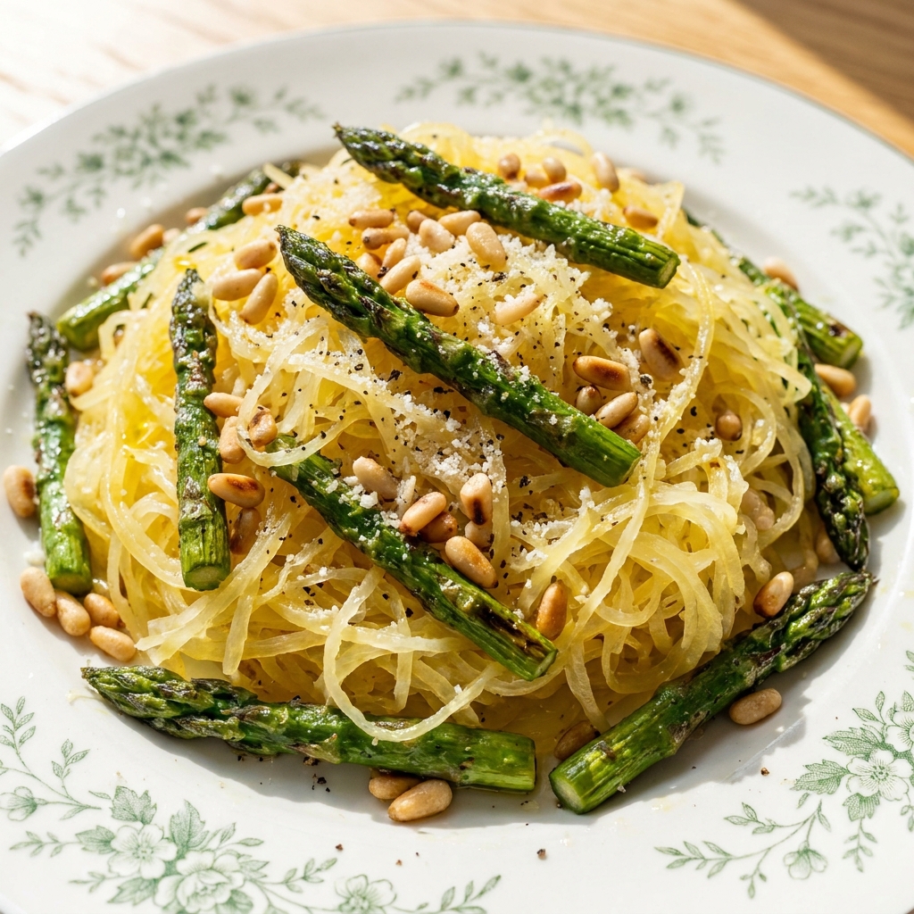 Roasted spaghetti squash with tomato sauce in a shallow bowl