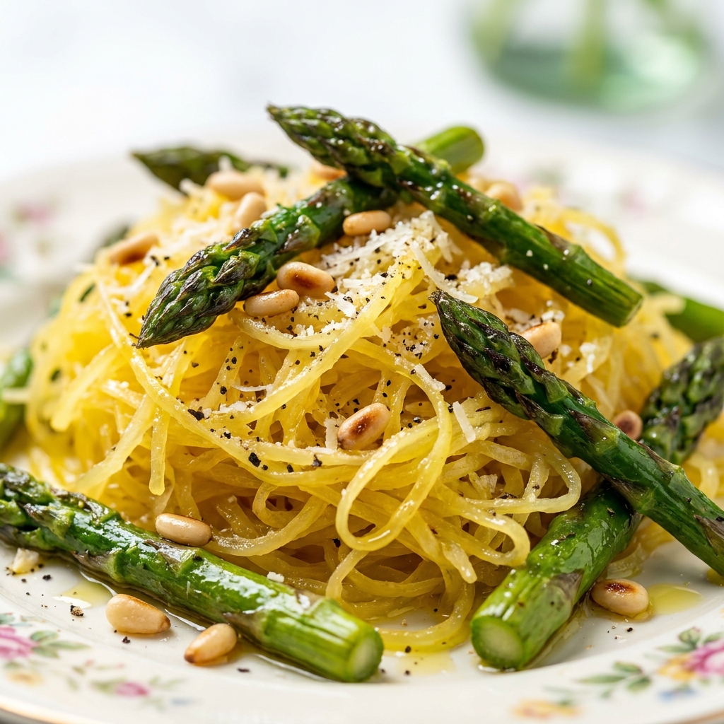 Golden spaghetti squash strands topped with rustic tomato sauce and fresh basil