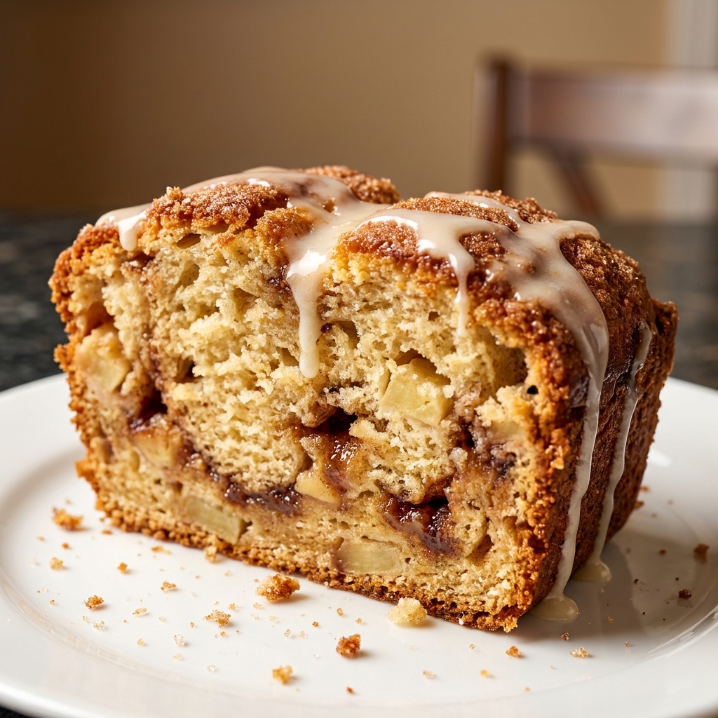 Sliced Apple Fritter Bread showing tender crumb with cinnamon apple pieces