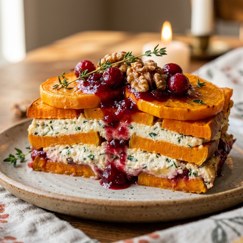 Layering sweet potato and butternut squash slices in a 9x13 baking dish