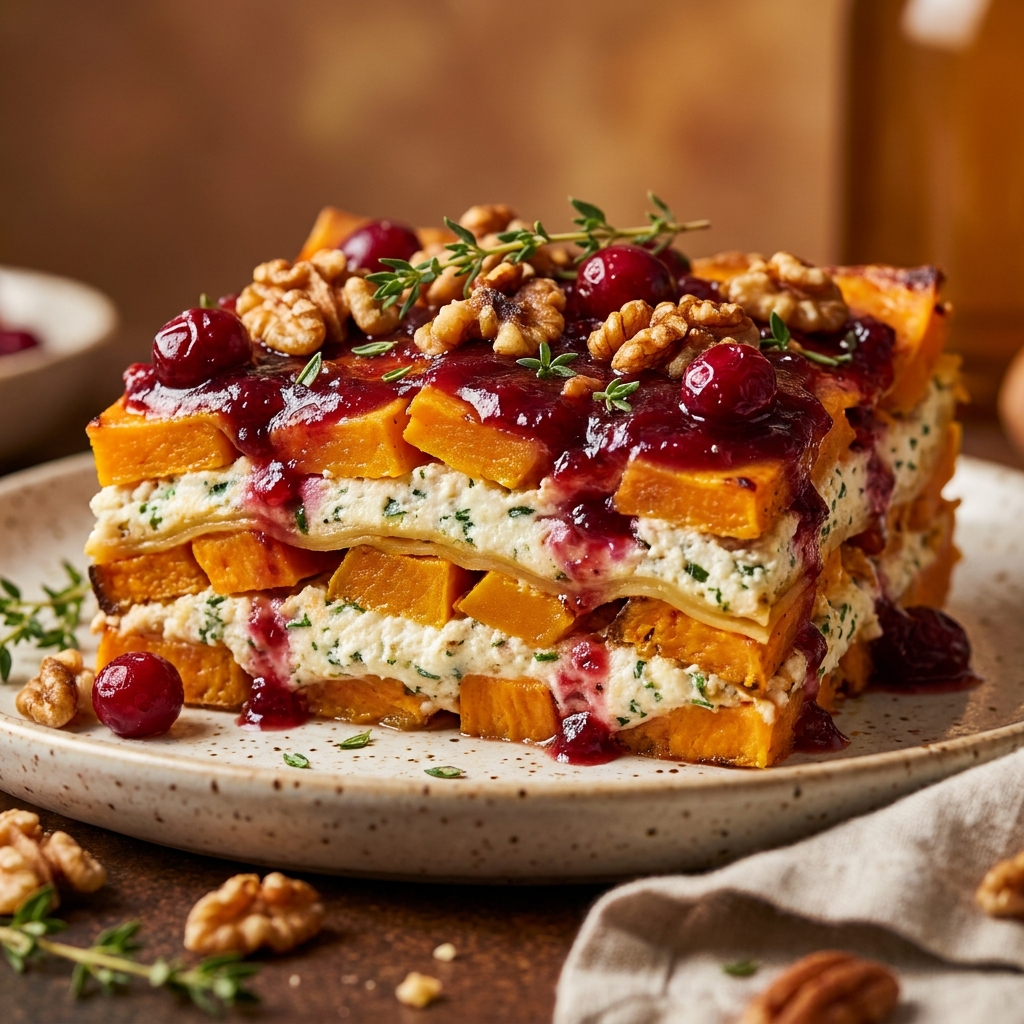 Sliced Potato Butternut Lasagna showing clean structured layers with sage bechamel