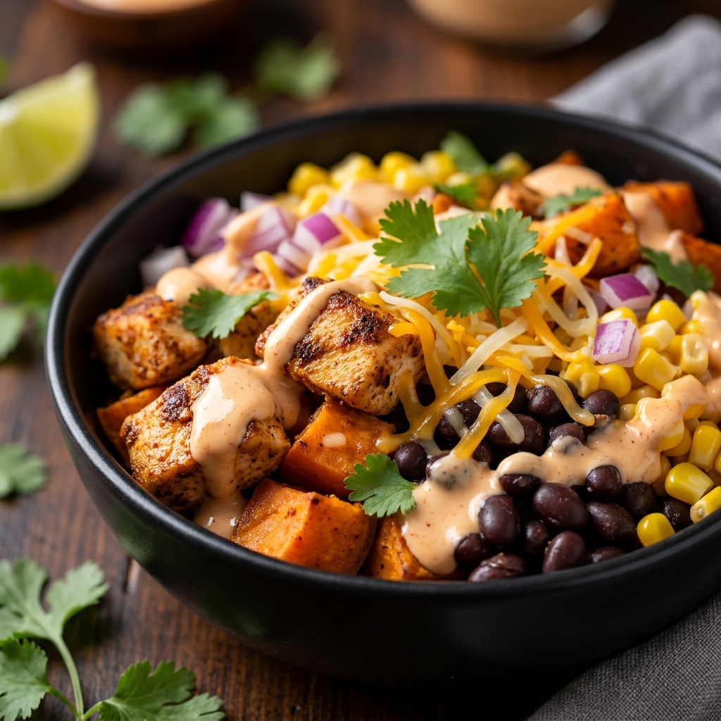 Assembled Tex-Mex Chicken Sweet Potato Bowl topped with avocado, cilantro, and lime