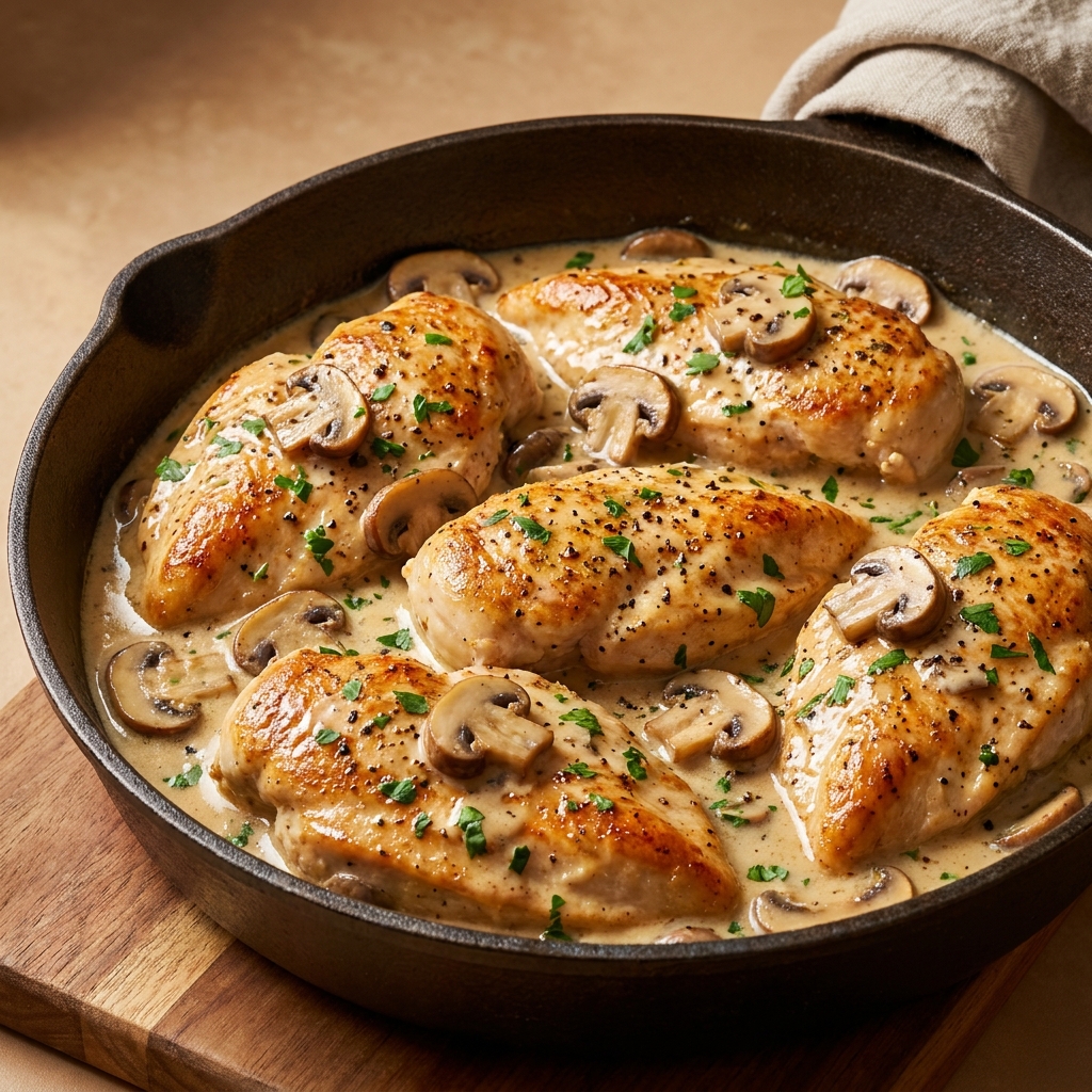 Sliced roast chicken on a platter with pan sauce drizzled over.
