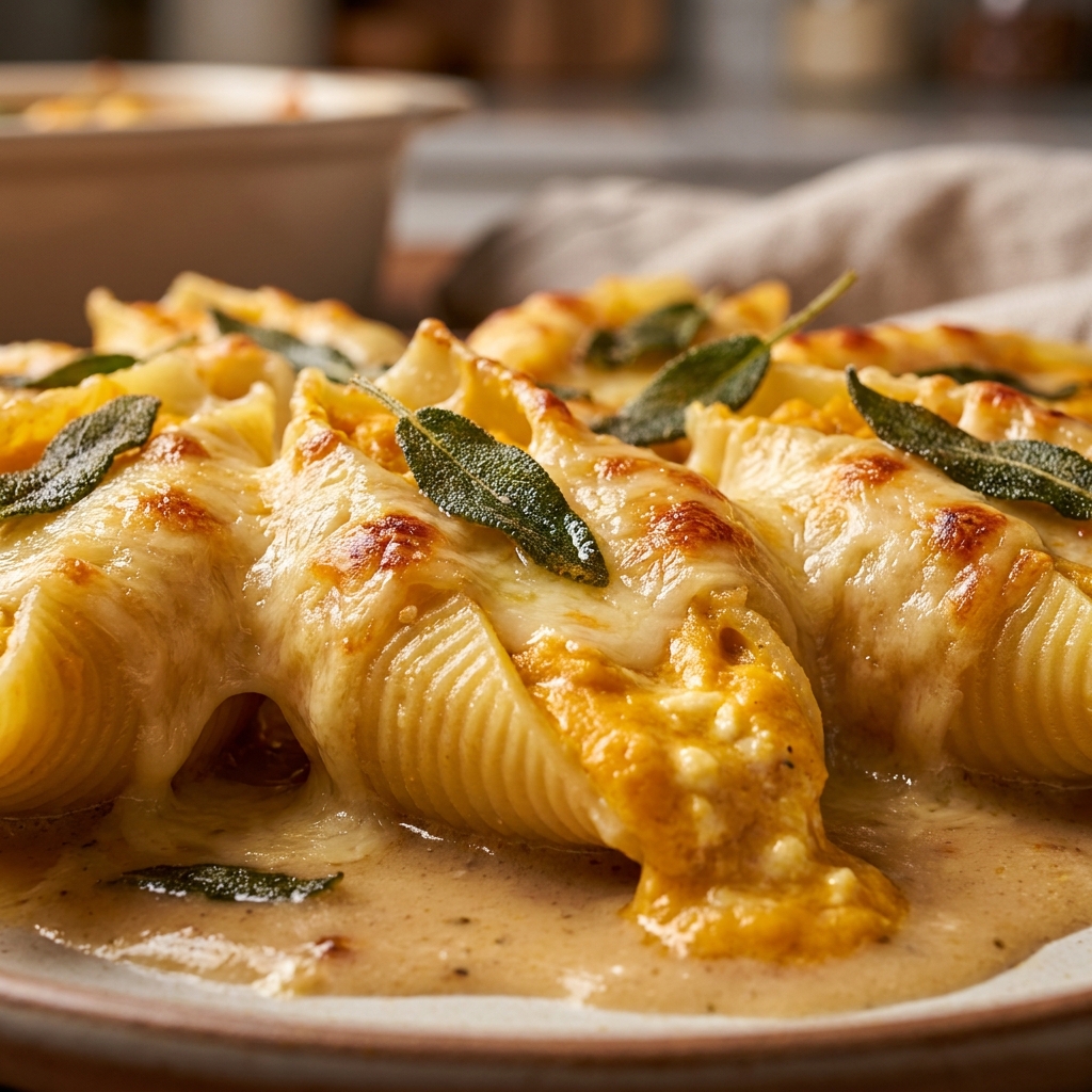 Stuffing jumbo pasta shells with pumpkin and smoked Gouda ricotta filling