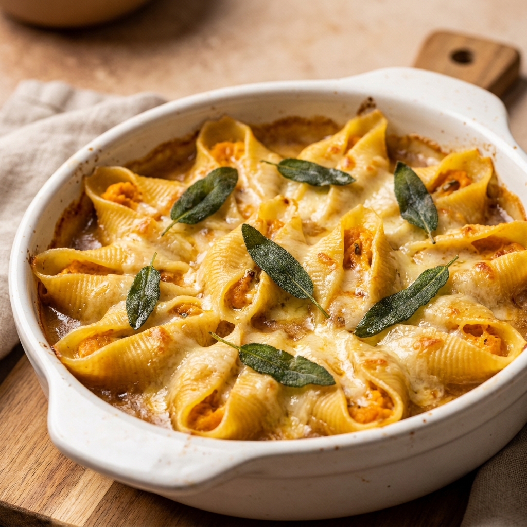 Golden baked Pumpkin Gouda Stuffed Shells with bubbling brown butter sage Alfredo sauce