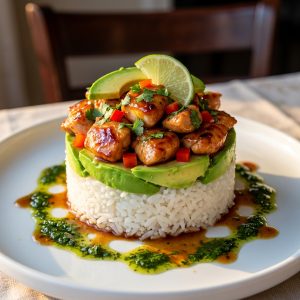 Vibrant & Fresh Honey Lime Chicken Avocado Rice Stack
