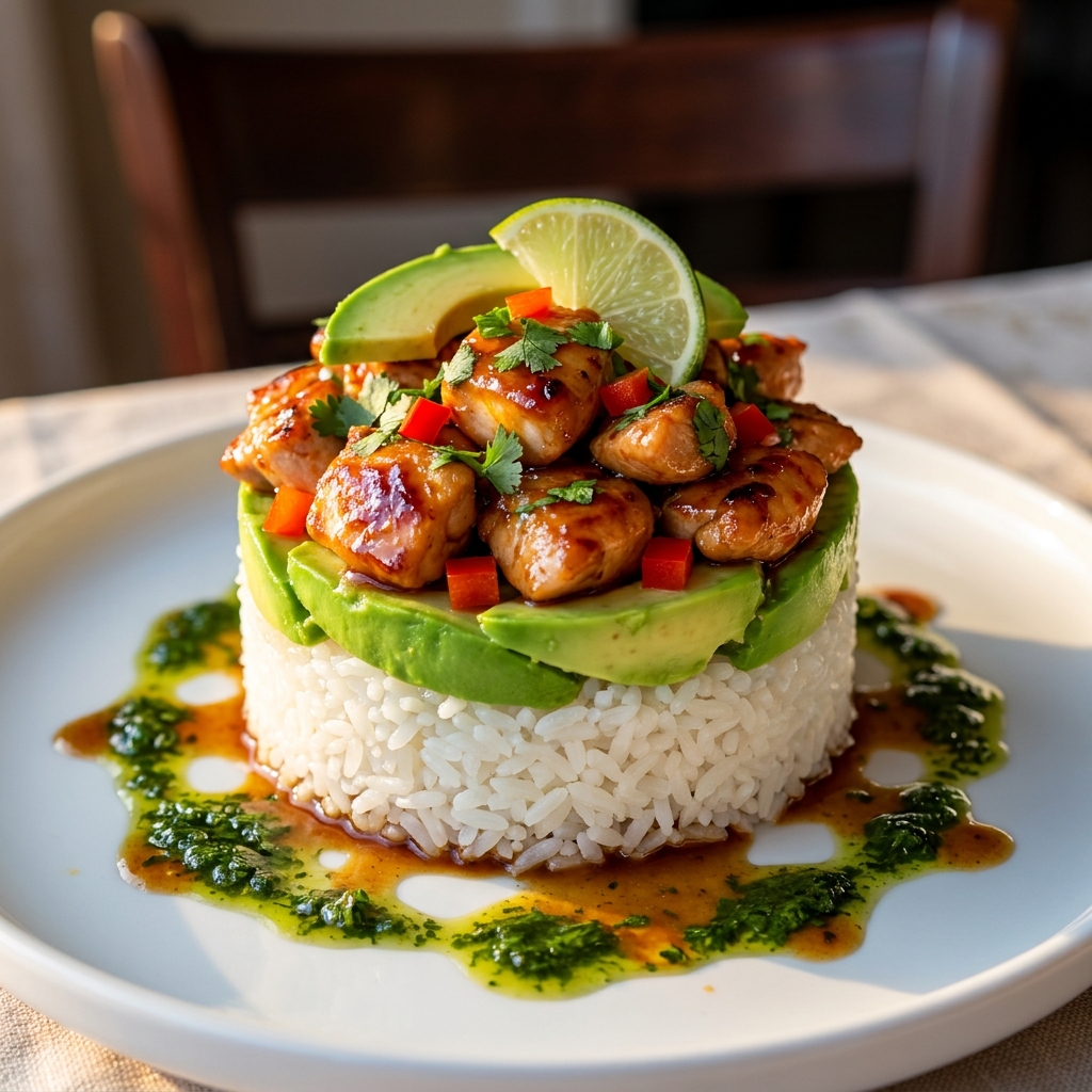 Honey Lime Chicken Avocado Rice Stack Dinner Recipe