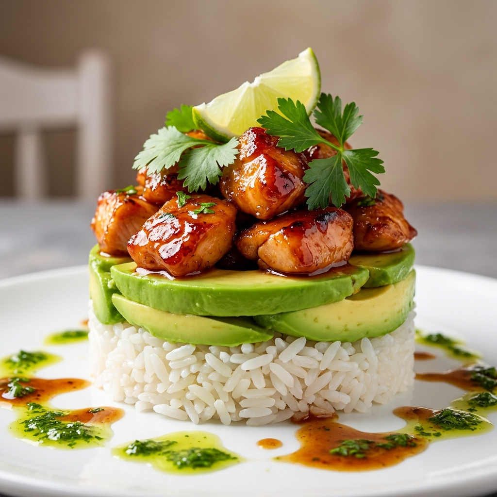 Assembled Honey Lime Chicken Avocado Rice Stack topped with cilantro and lime wedges