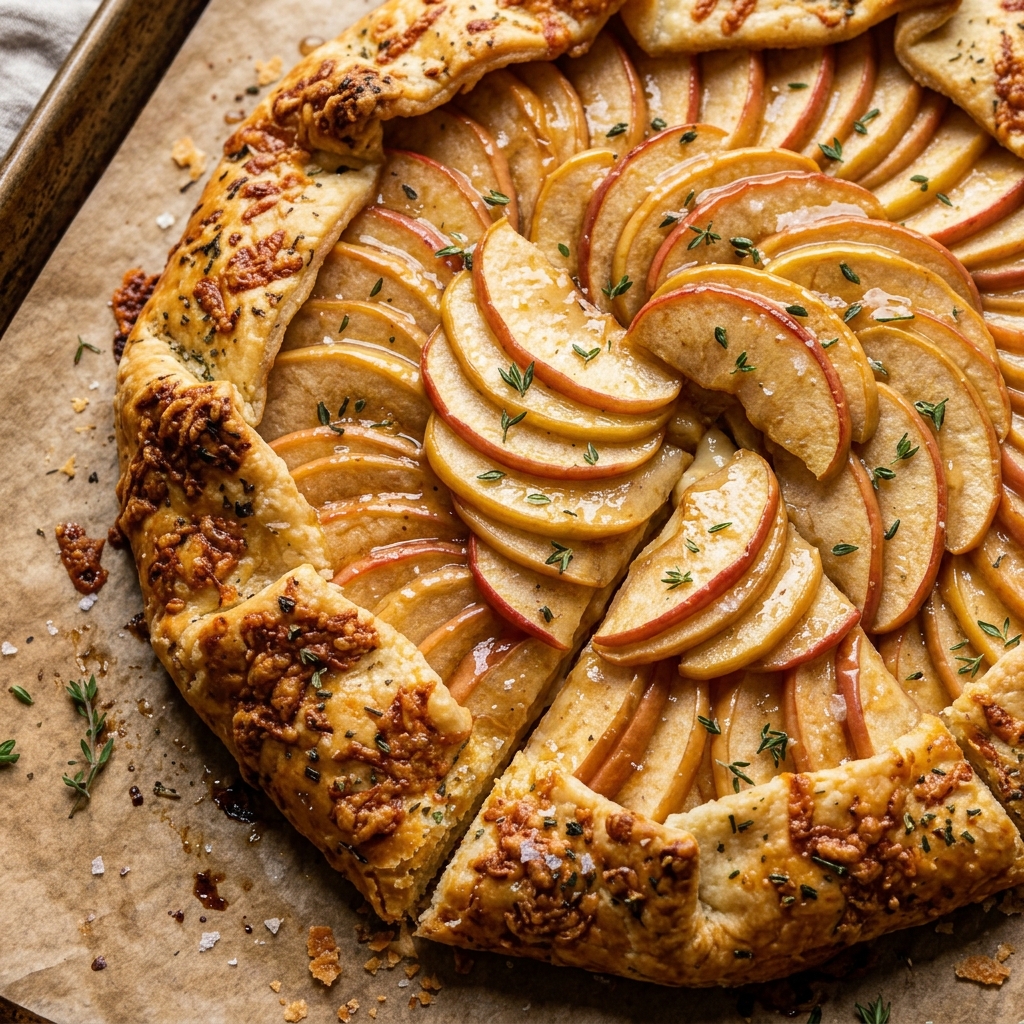 Finished golden apple cheddar galette with cheese crust.