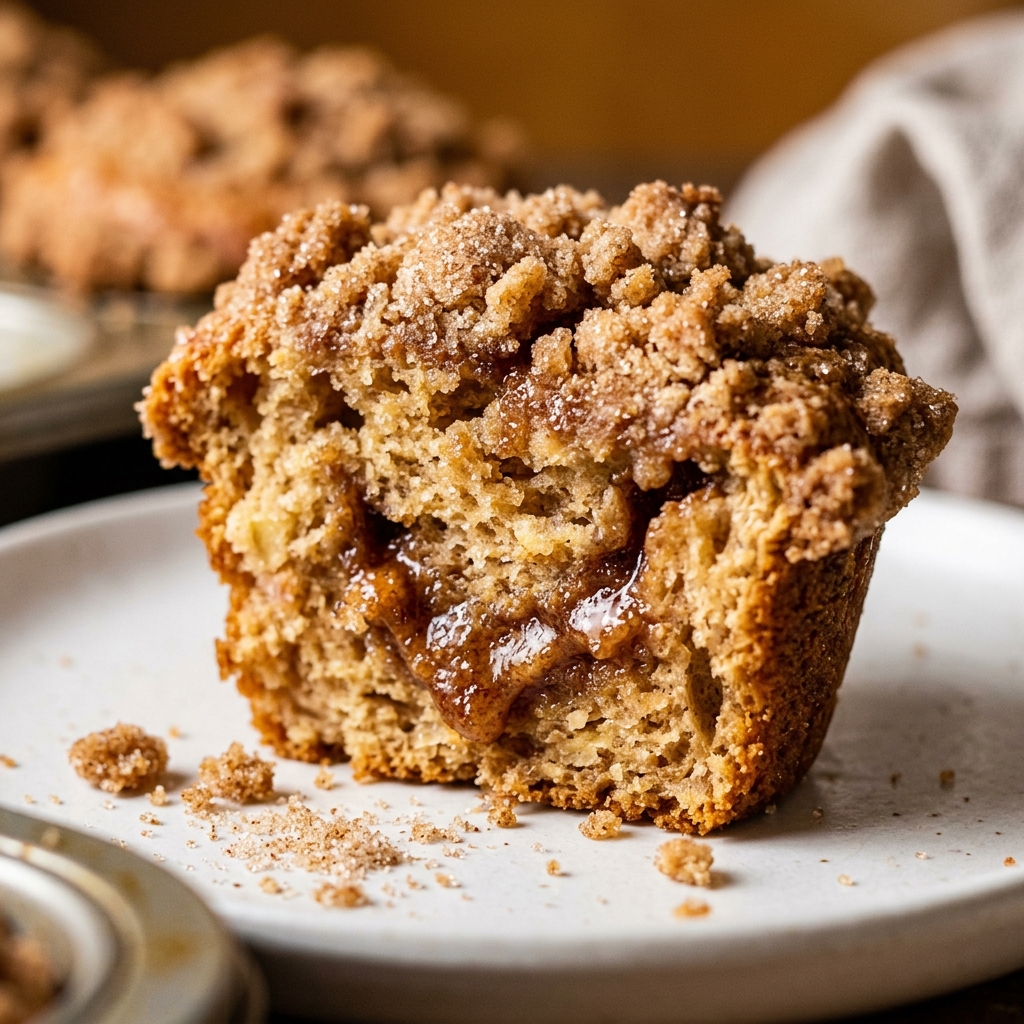 Stack of apple cider streusel muffins with caramel drizzle on a plate