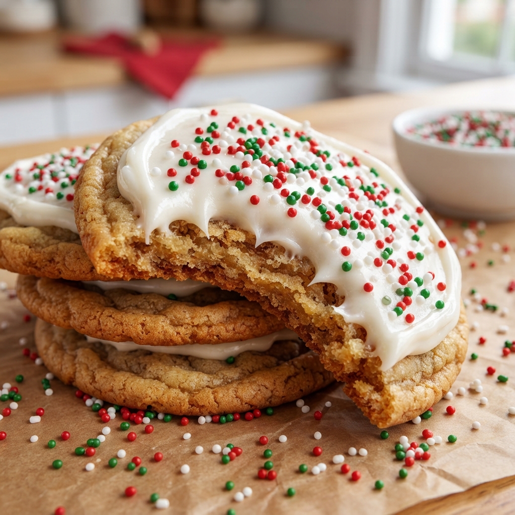 Stack of finished brown butter sugar cookies with flaky sea salt