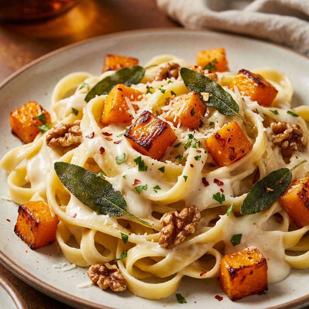 Finished pasta dish garnished with crispy sage and Parmesan cheese.
