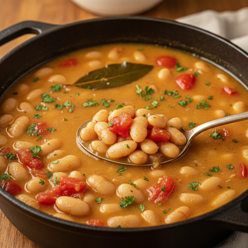 Stovetop pot with beans, vegetables, and simmering broth