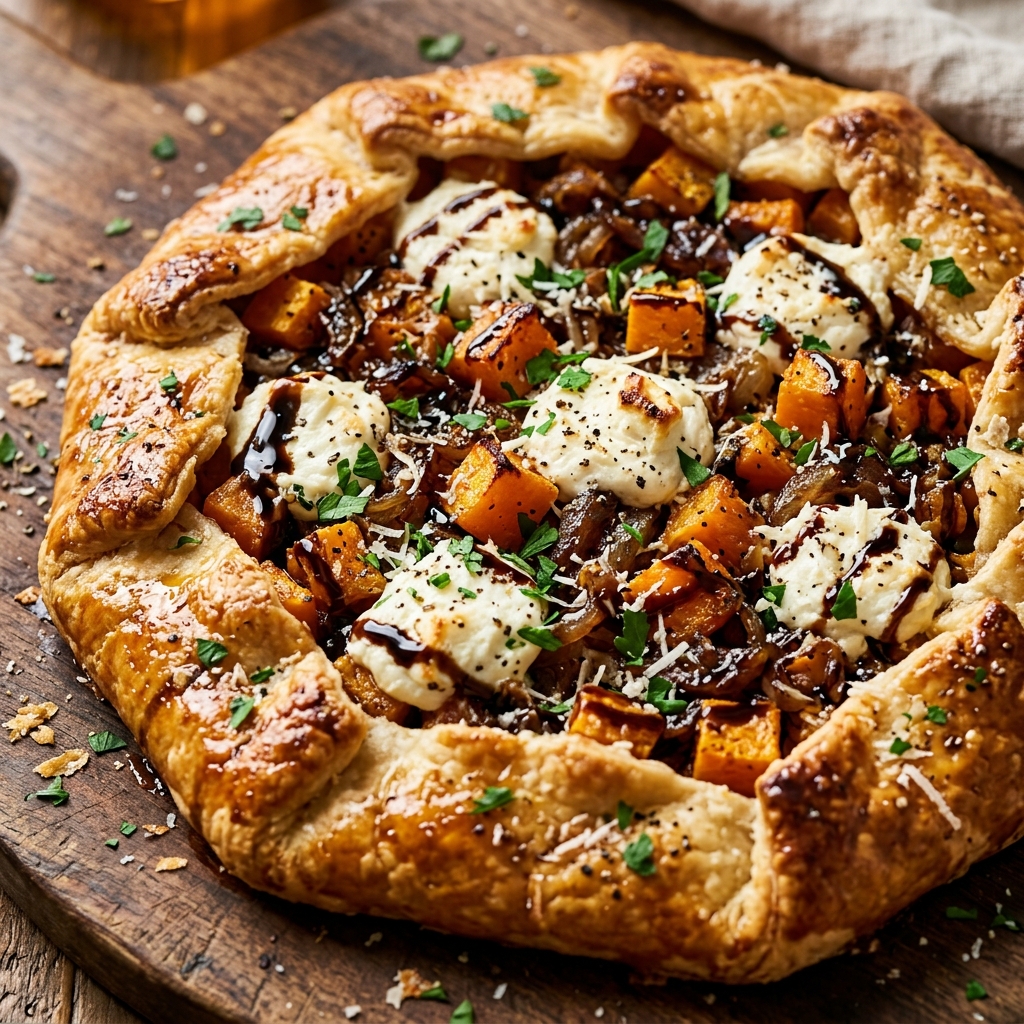 A slice of Caramelized Onion Butternut Squash Tart showing flaky layers and roasted squash cubes.