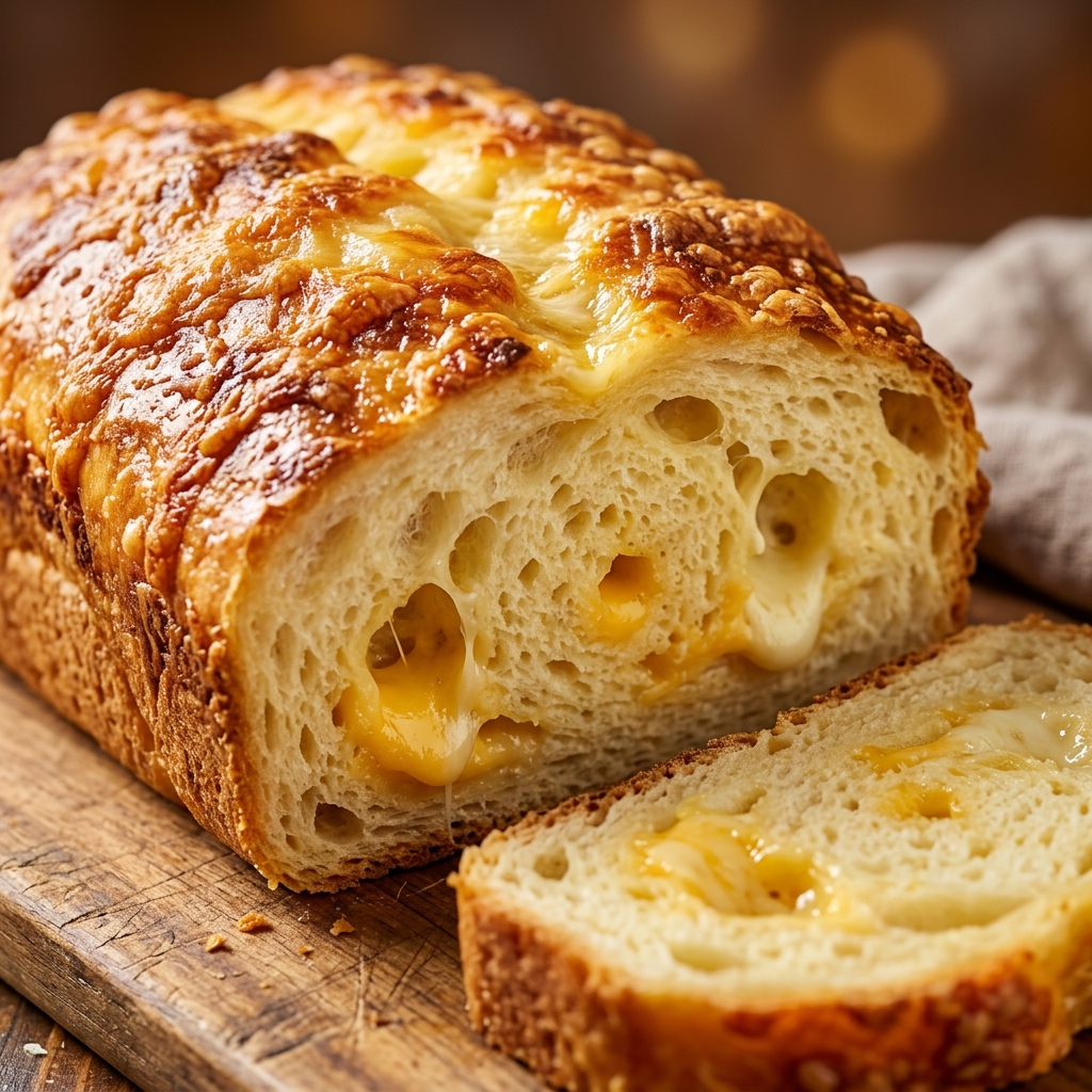 Slice of warm cheese bread with steam rising, butter melting on the crumb