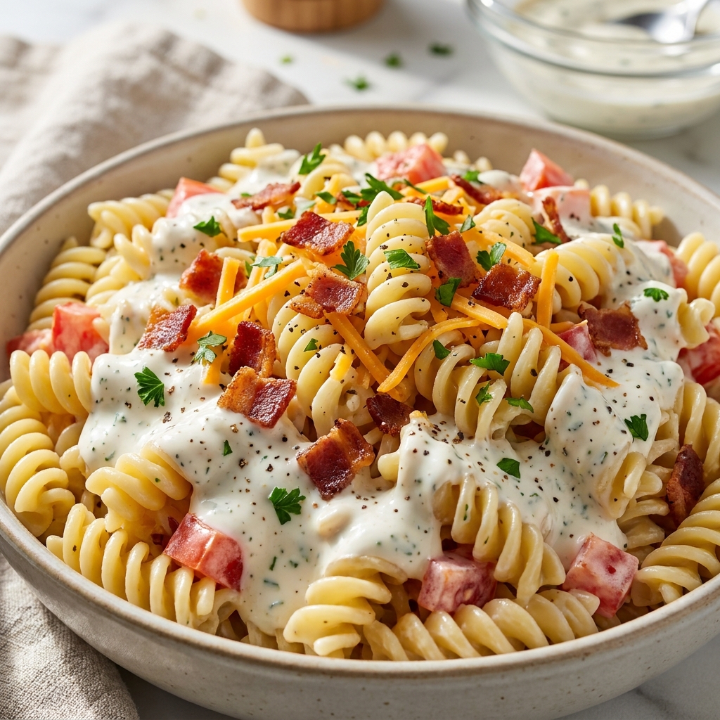 Mixing cooked pasta, shredded chicken, crispy bacon, and ranch cream sauce in a large bowl before baking.