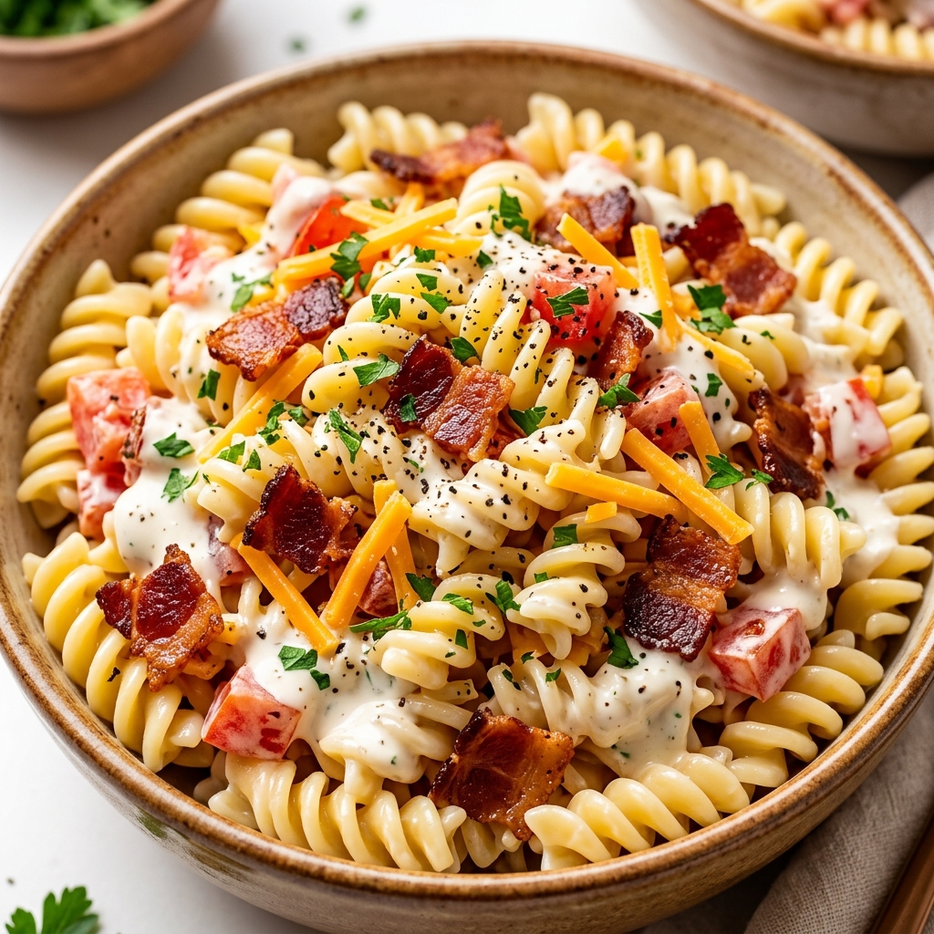 A serving spoon lifting a creamy, cheesy bite of Chicken Bacon Ranch Pasta Bake onto a plate.