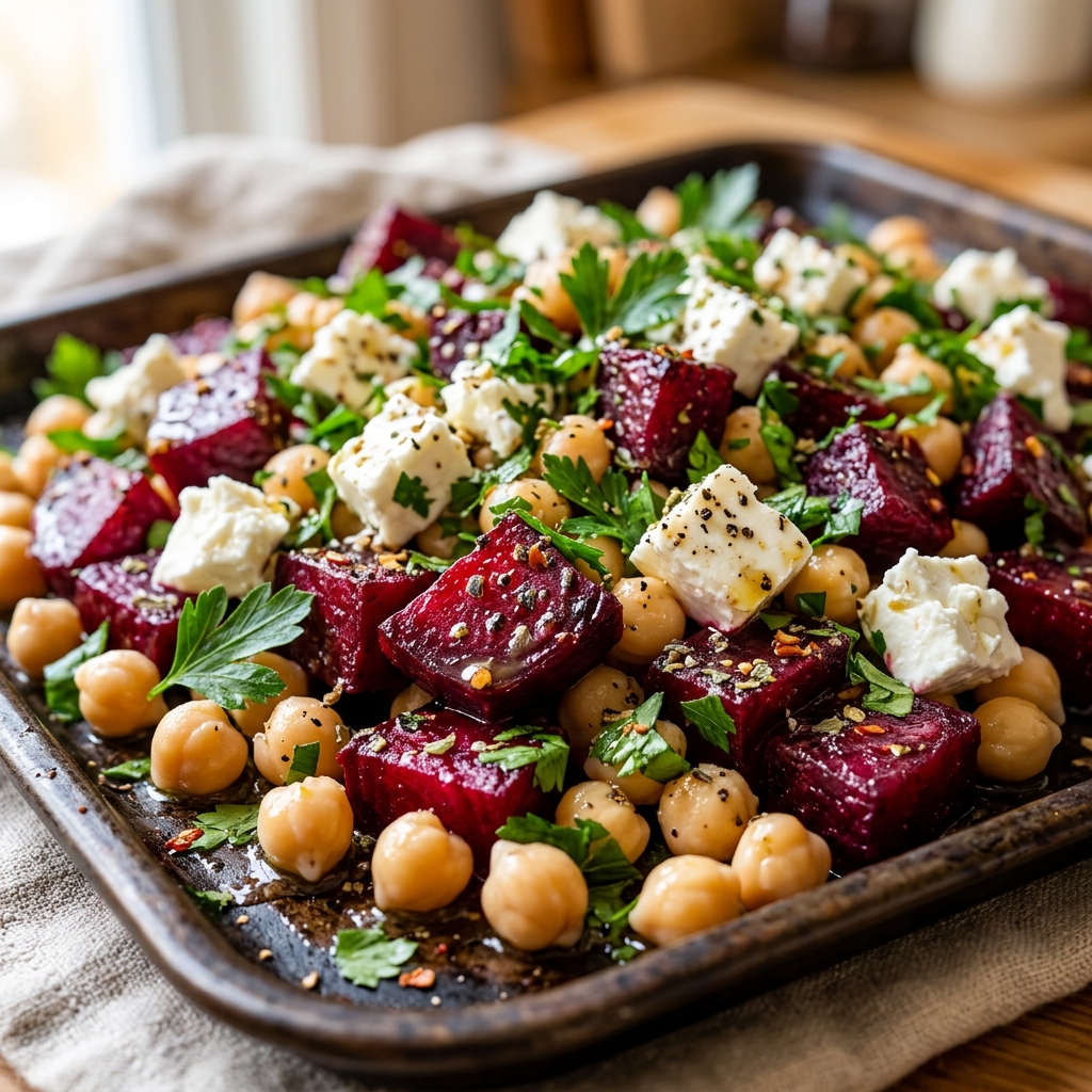 Roasting beets and chickpeas on a baking sheet