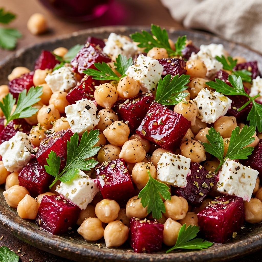 Finished Chickpea Beet Feta Salad with toppings