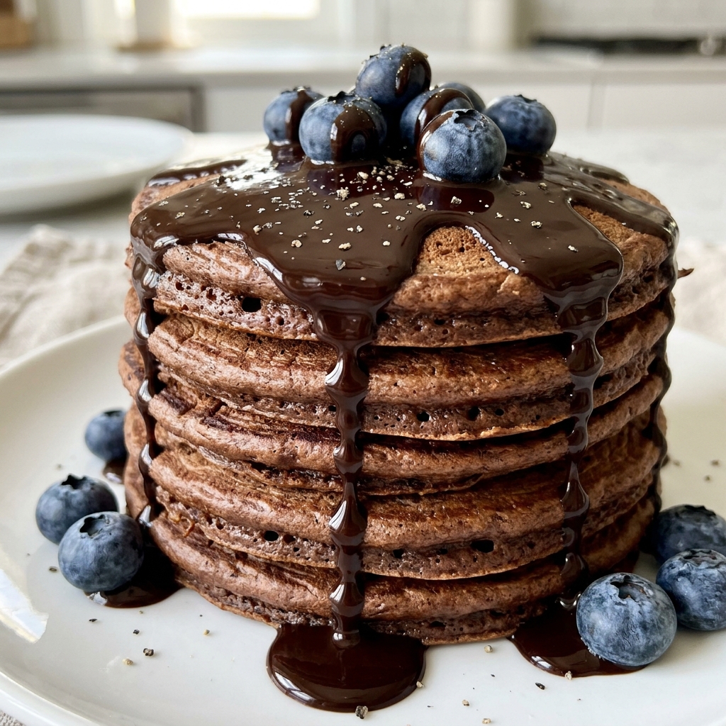 Whisk mixing bowl containing chocolate pancake batter with visible lumps, next to a hot griddle.