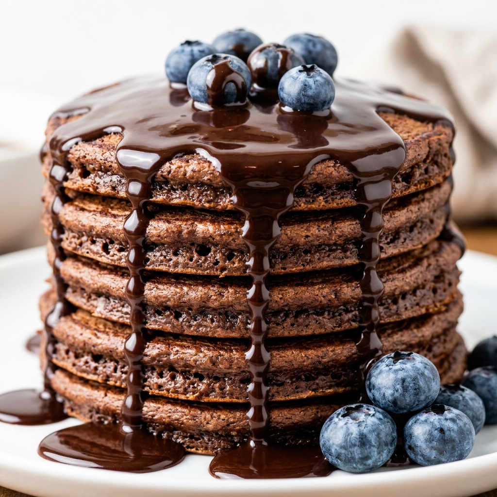 Fluffy chocolate pancakes topped with butter and fresh strawberries, ready to serve.