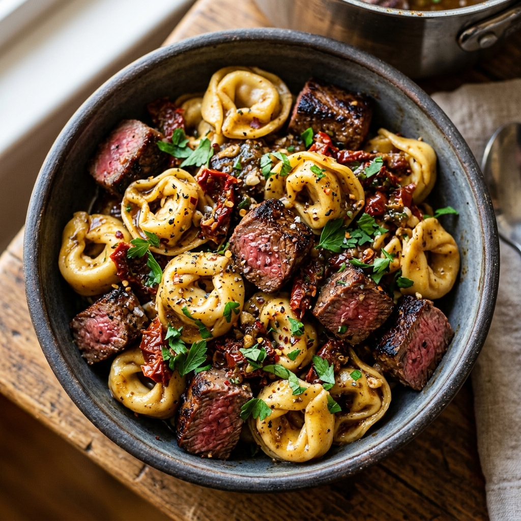 Pan searing steak bites with butter and garlic