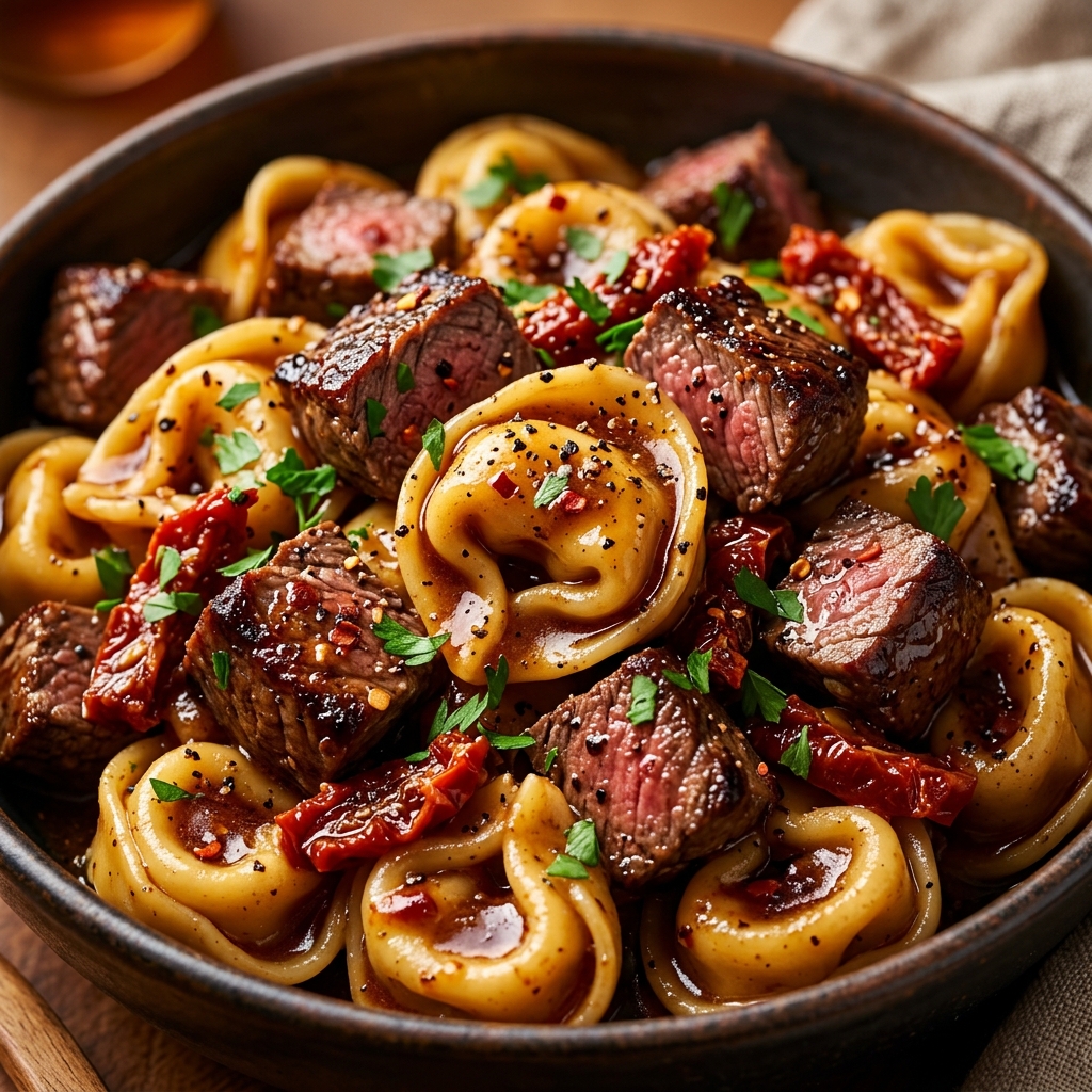 Creamy tortellini mixed with juicy steak bites and butter sauce