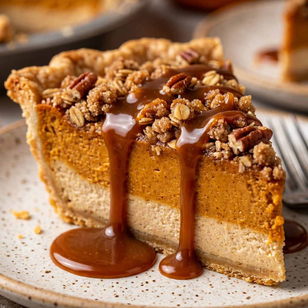 Pouring brown butter into a mixing bowl with pumpkin puree, spices, and eggs during pie preparation.