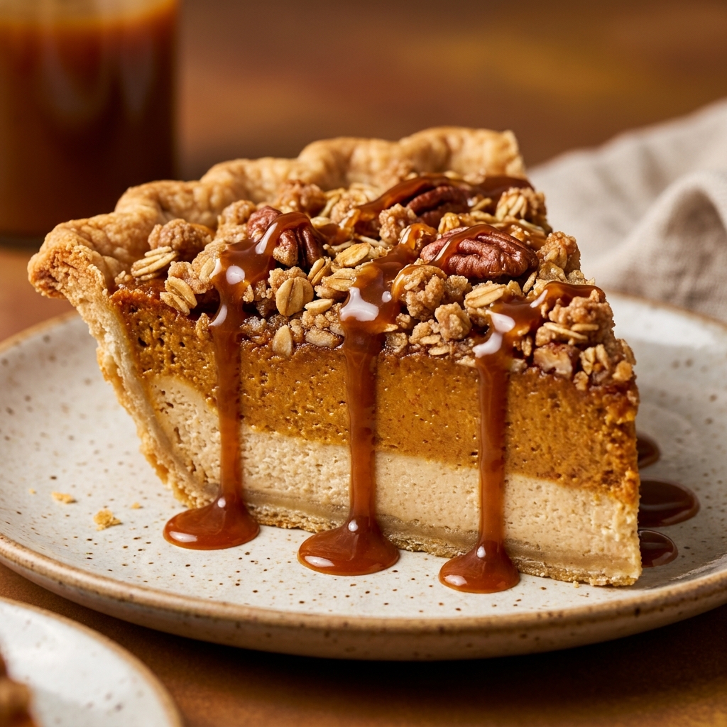 Finished cozy brown butter pumpkin pie with streusel topping, golden crust, and a dollop of whipped cream.