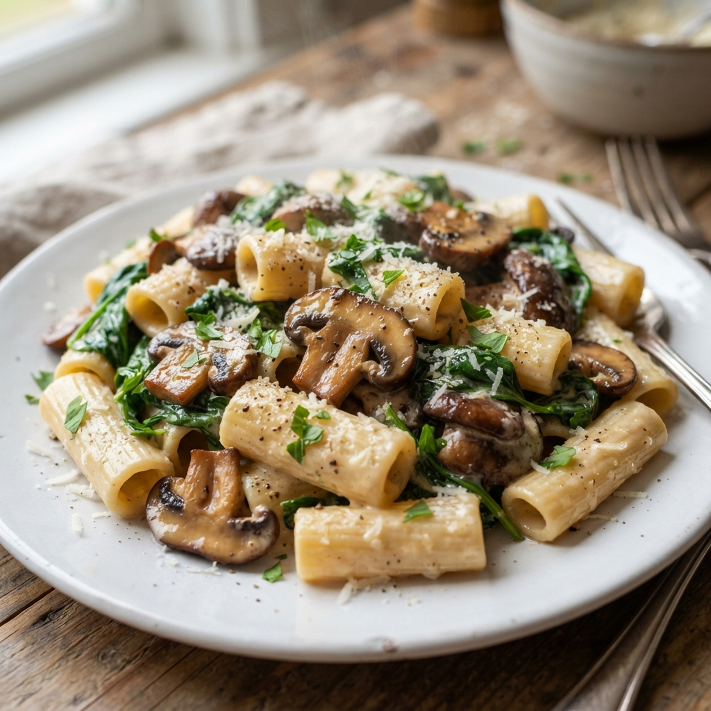 Stirring mushrooms and sauce in a skillet