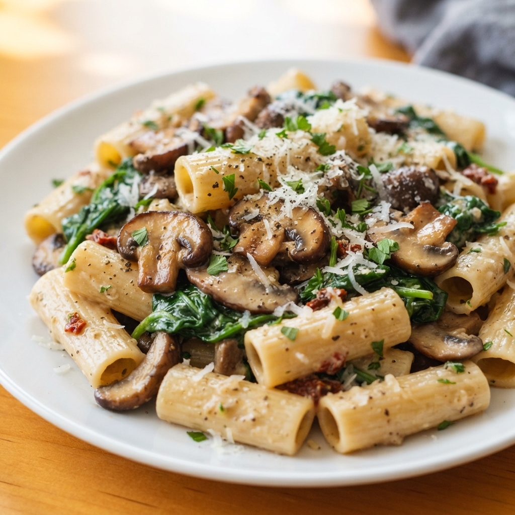 Finished Cozy Mushroom Pasta plated with cheese and herbs