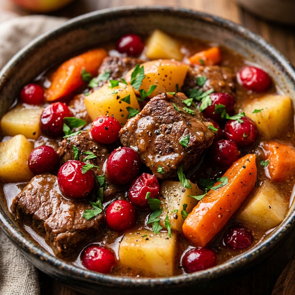 Browning beef cubes for cranberry apple stew