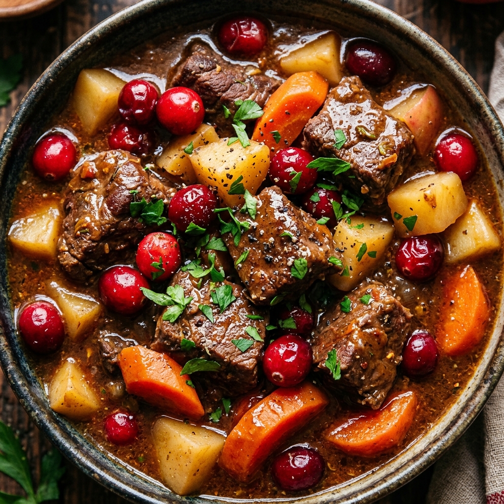 Finished bowl of cranberry apple beef stew garnished with parsley
