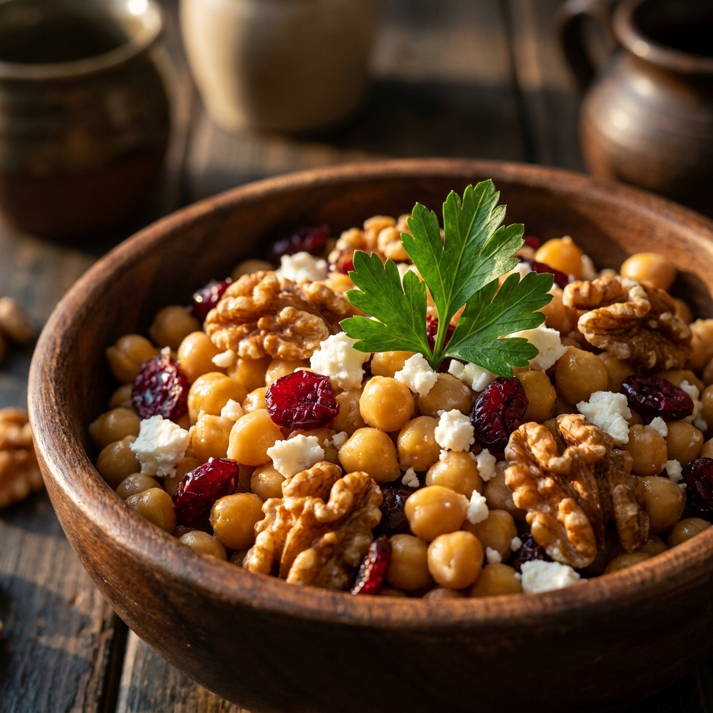 Mixing chickpeas, walnuts, and cranberries with dressing