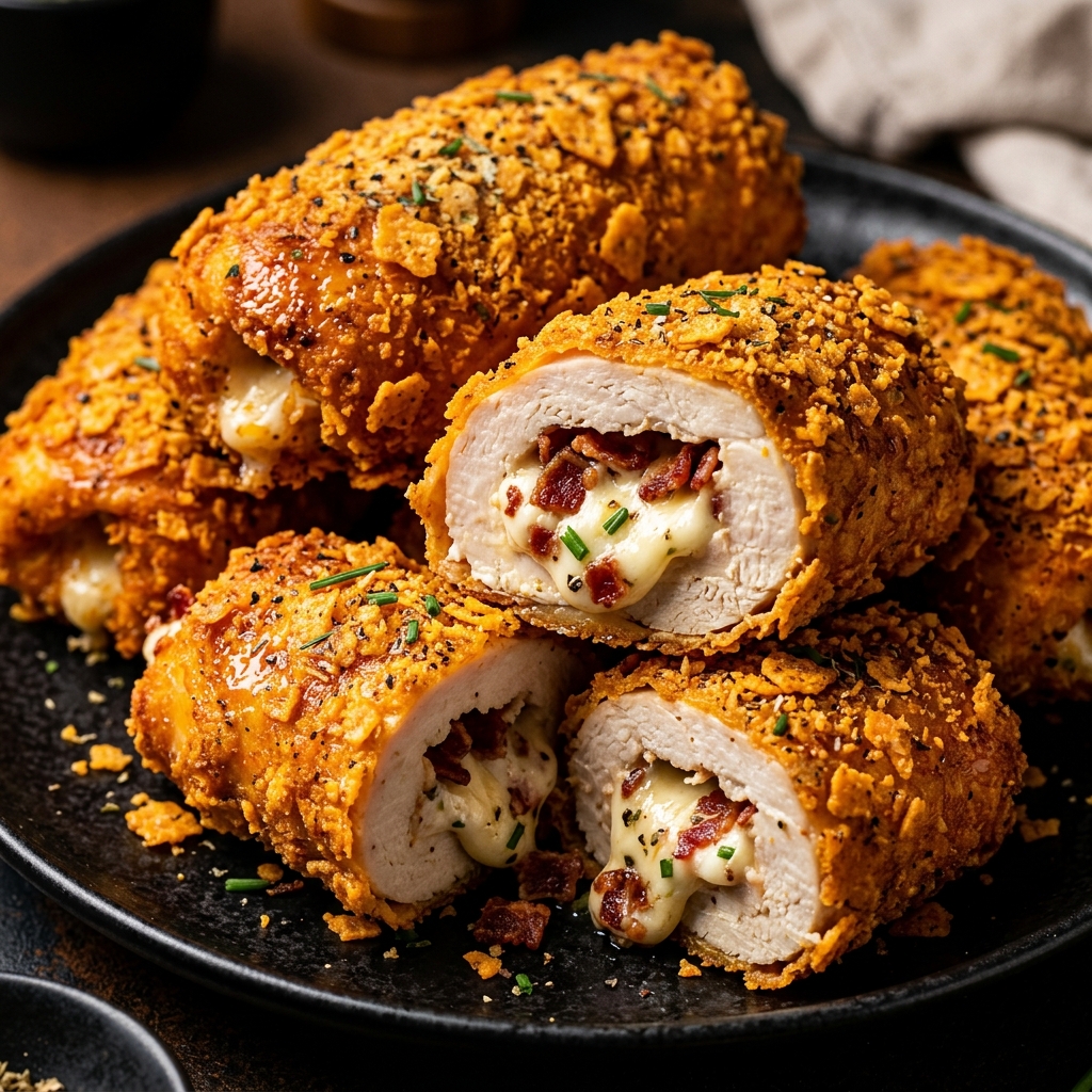Golden brown Cream Cheese and Bacon Stuffed Doritos Chicken fresh from the oven