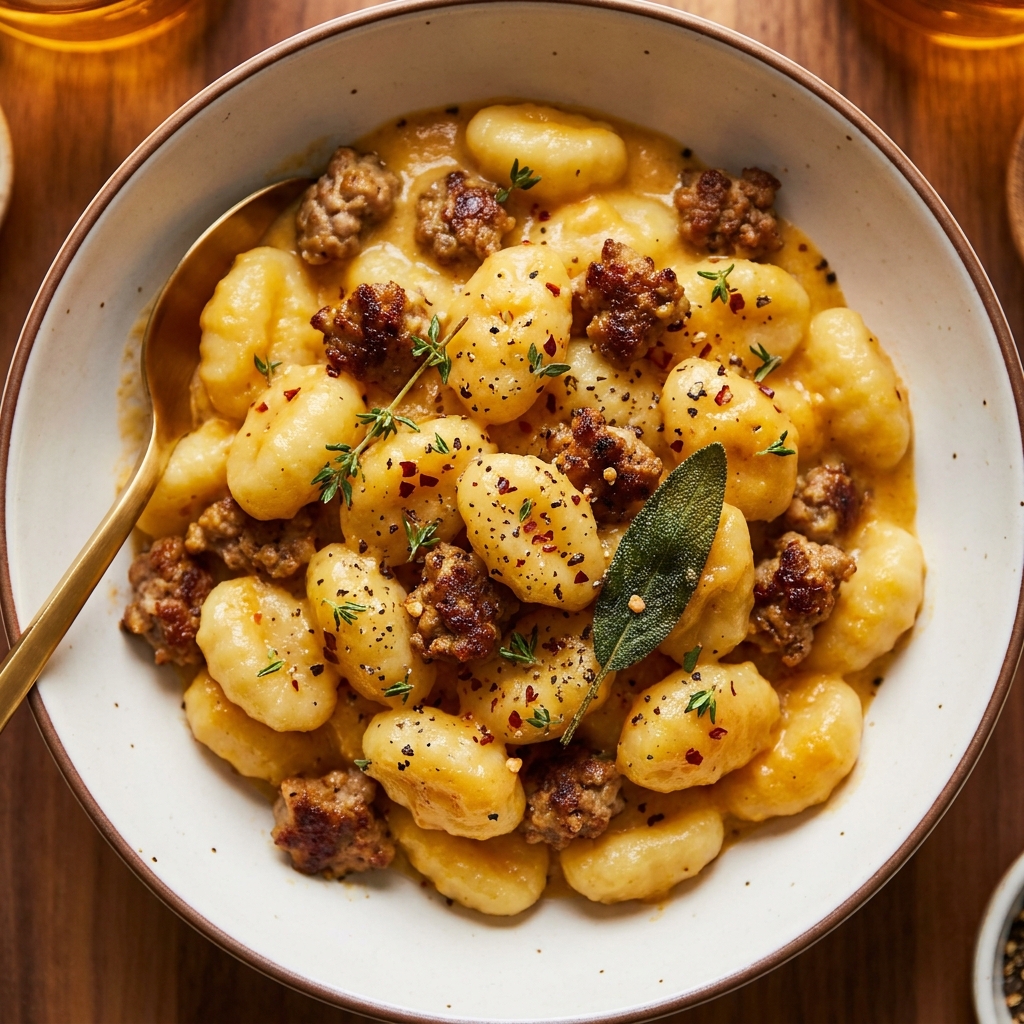 Sausage and cubed butternut squash browning in a Ninja Prestige pot