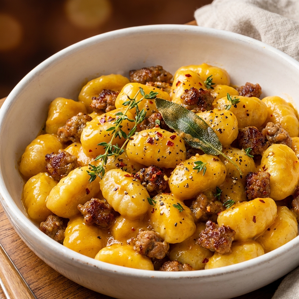 Finished creamy butternut squash gnocchi with shaved Parmesan and toasted pumpkin seeds
