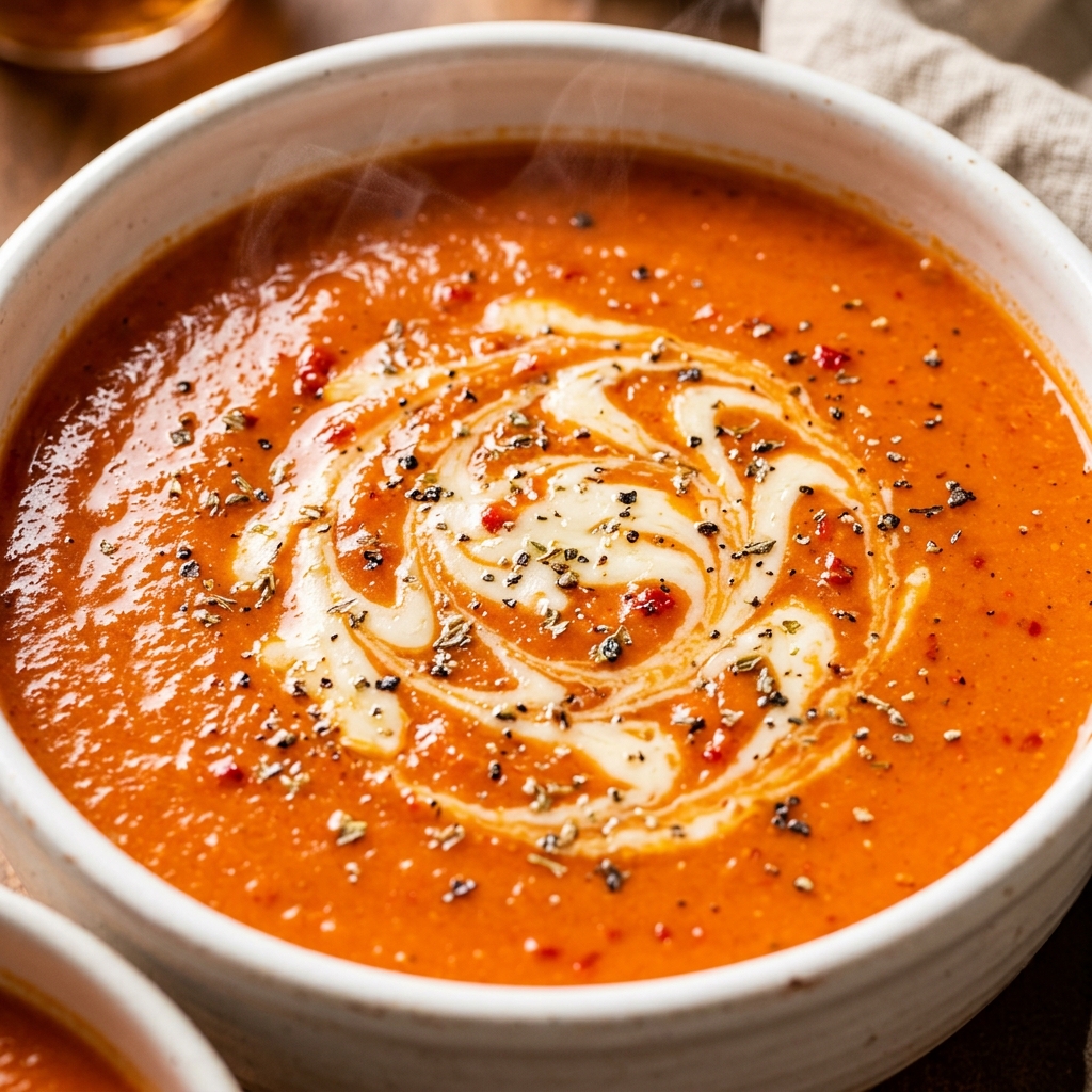 Creamy Gouda Pepper Soup served in a white bowl with crusty bread on the side