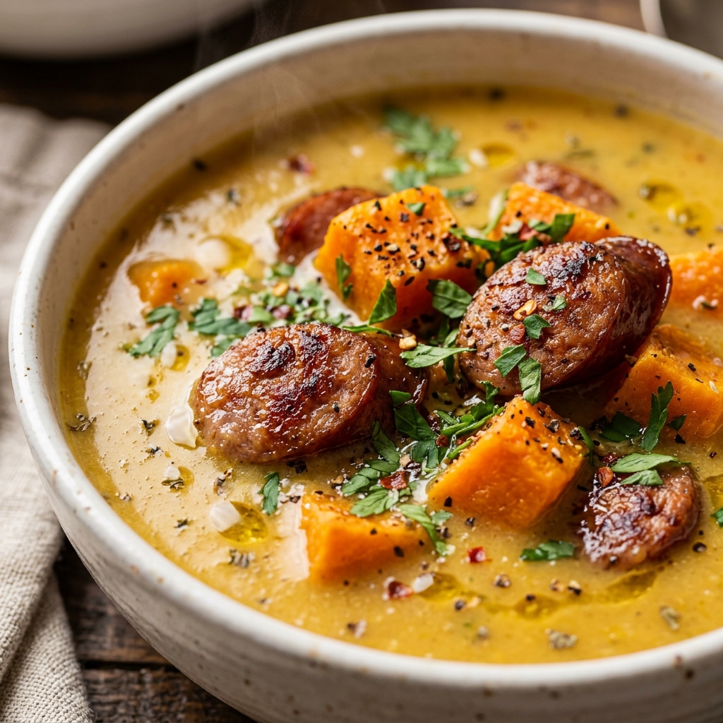 Browned Italian sausage crumbles and softened sweet potatoes in a Dutch oven before blending.
