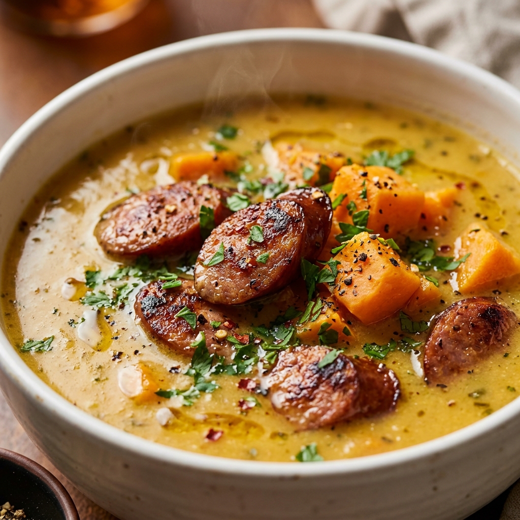 Overhead shot of creamy sweet potato sausage soup with a swirl of heavy cream.