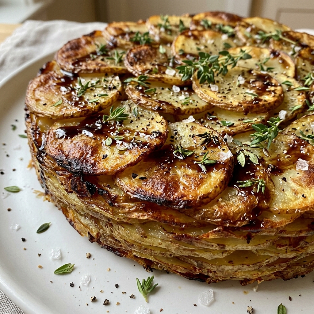 Layering thin potato slices in a cast iron skillet with balsamic and thyme.