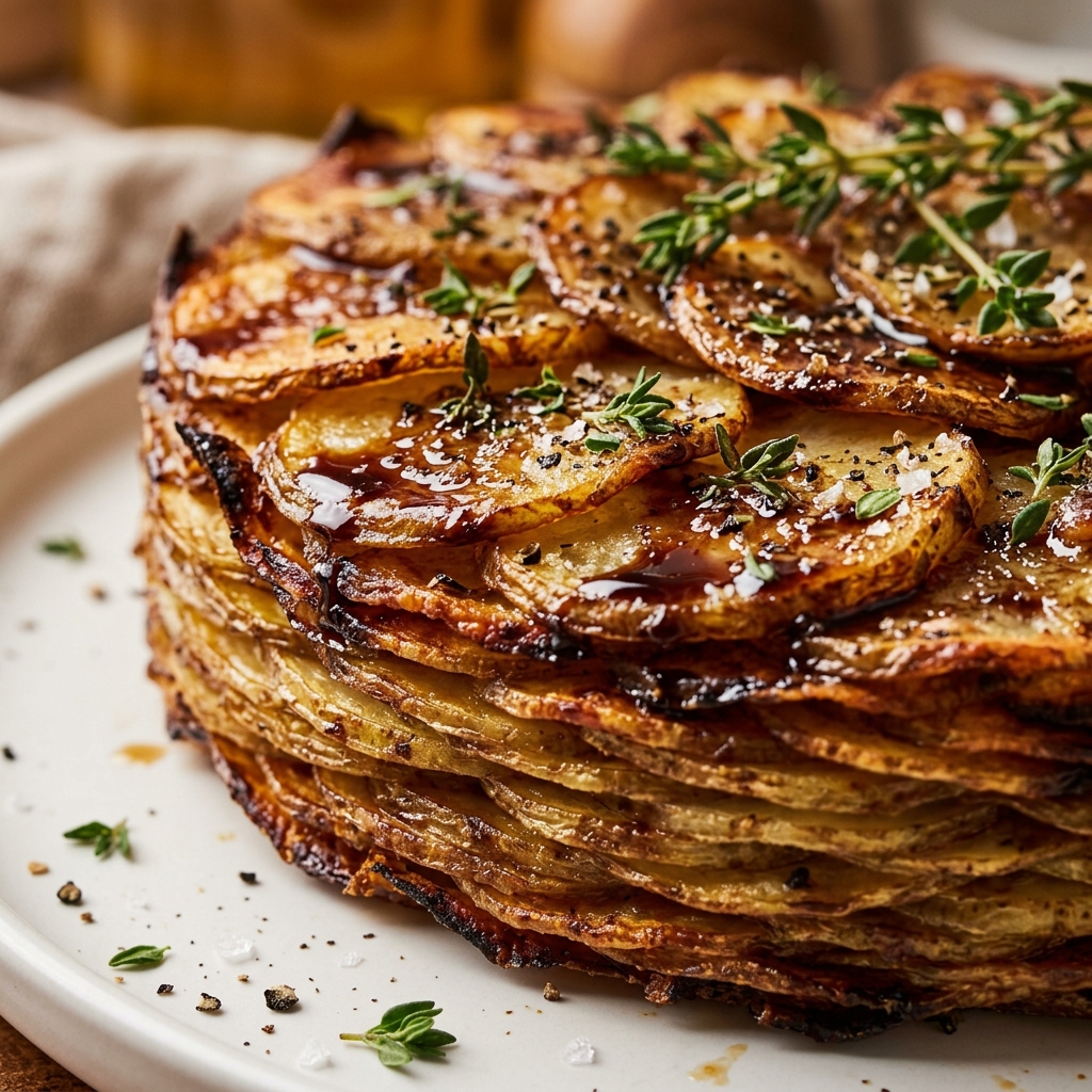 A slice of Crispy Balsamic and Thyme Potato Torte lifted from the pan, revealing crispy edges.
