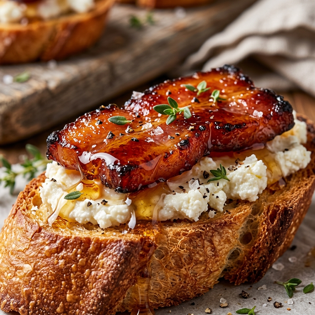Butter-frying baguette slices in a cast iron skillet until golden brown and crispy, with crumbled bacon and goat cheese ready on the side
