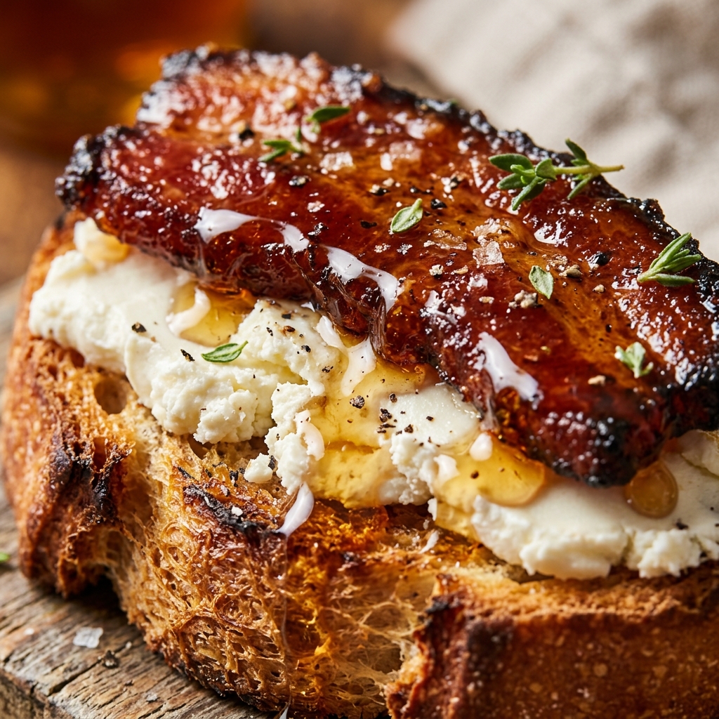Finished maple bacon goat cheese crostini arranged on a wooden board, showing the crisp bread, tangy cheese, and glossy honey drizzle