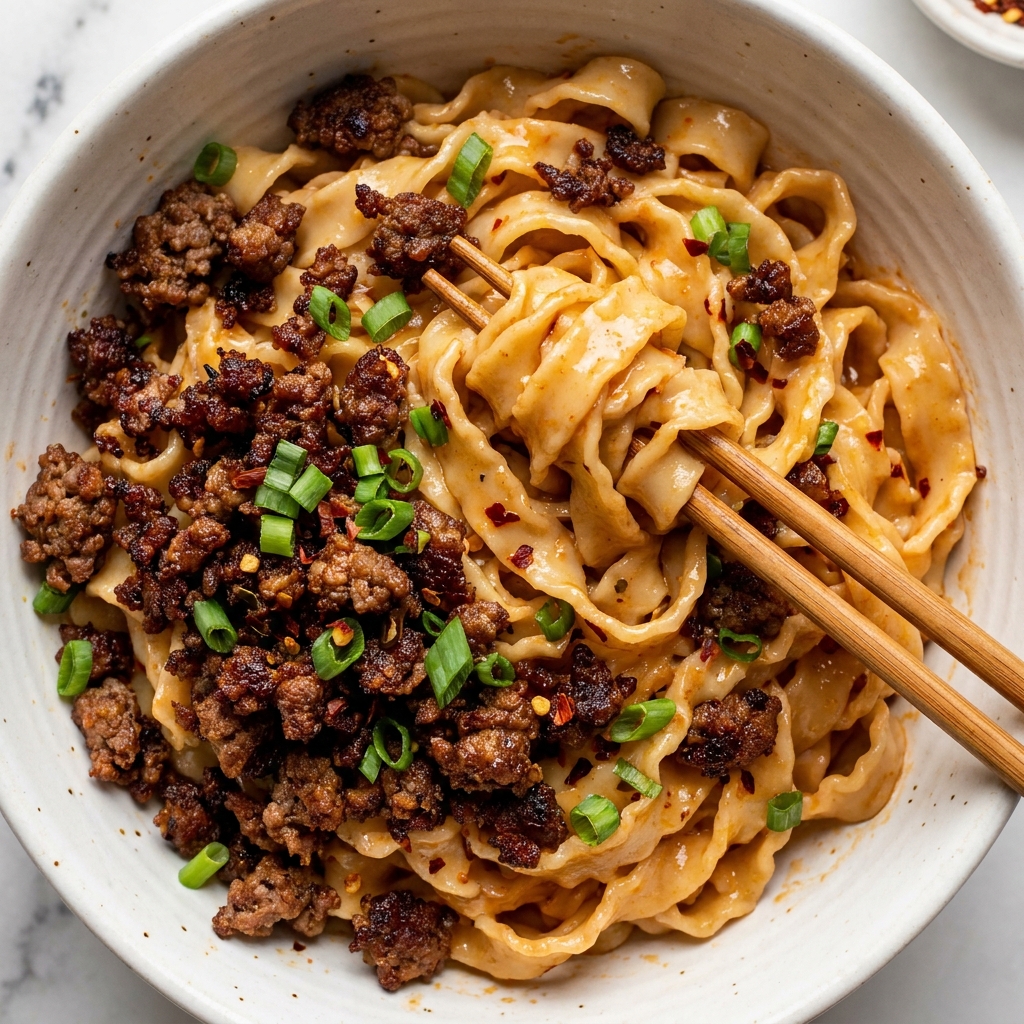 Ground beef browning in a hot skillet next to cooked noodles and gochujang cottage cheese mixture.
