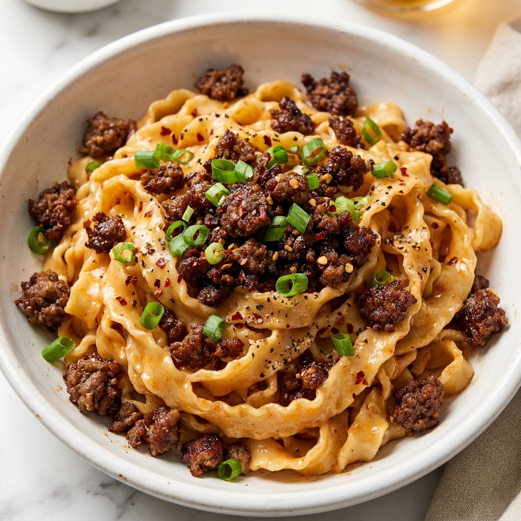 Finished crispy ground beef gochujang noodles in a white bowl, topped with scallions and sesame seeds.