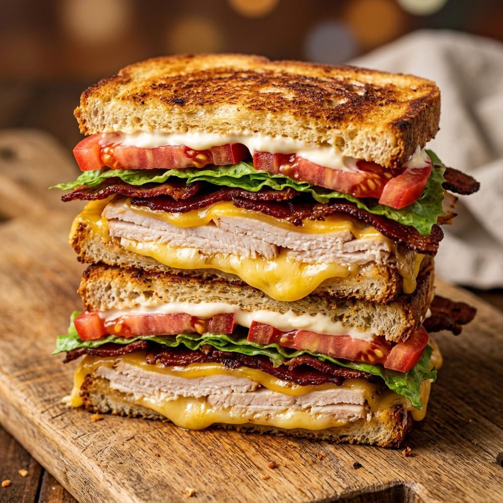 Golden, crunchy Crispy Ultimate Club Sandwich cut in half