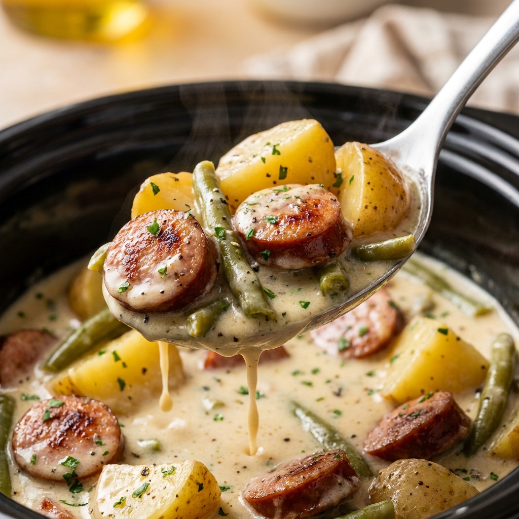Sliced kielbasa and quartered potatoes being layered into a slow cooker with chopped onions and garlic.