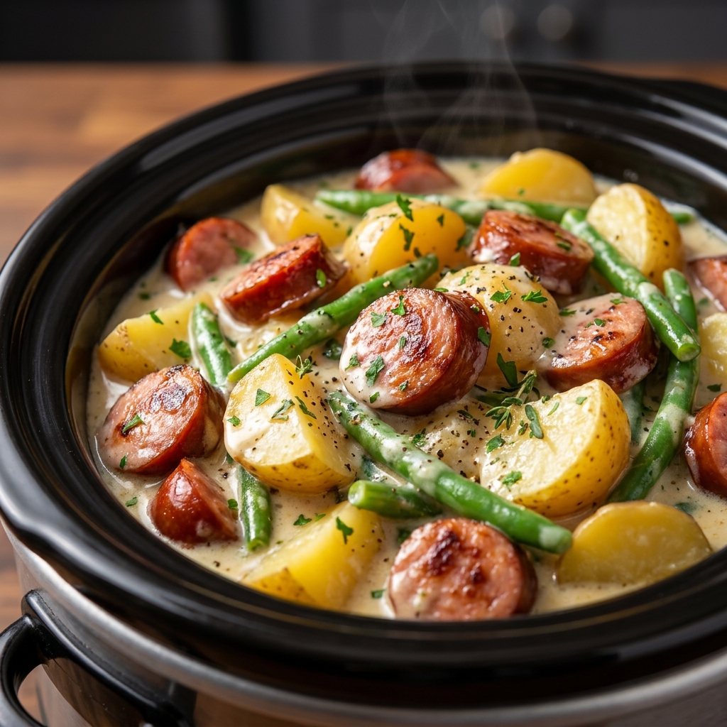 A bowl of Crockpot Kielbasa Potatoes and Green Beans topped with fresh parsley, served with crusty bread.