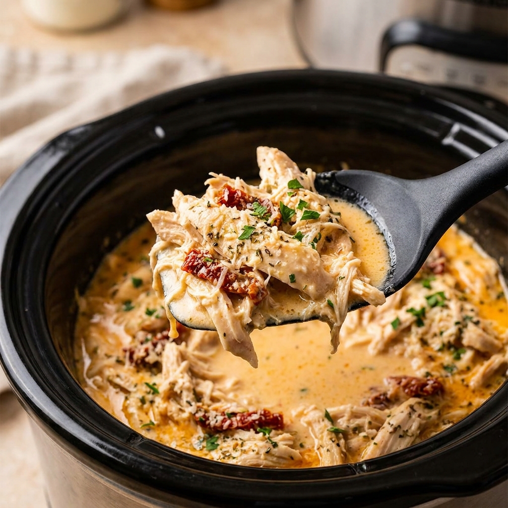 Layering seasoned chicken breasts in a slow cooker with garlic and sun-dried tomatoes